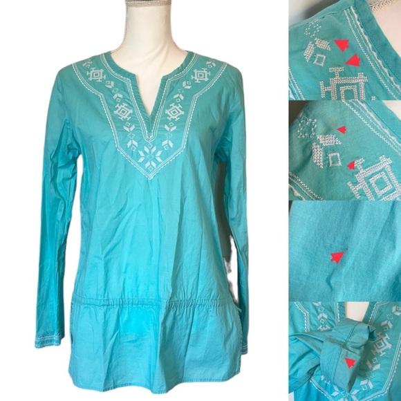 GAP 100% Cotton Embroidered Turquoise V-Neck Long Sleeve Women’s Med. Tunic Top - Picture 1 of 11